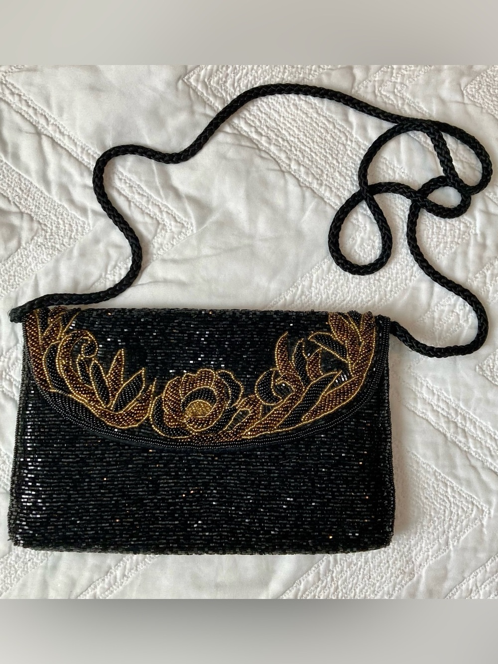Vintage La Regale Black & Gold Beaded Evening Purse with Floral Accent